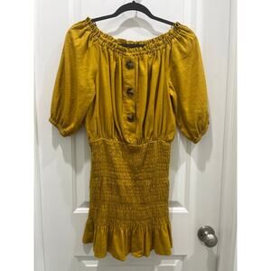 ZARA Rustic Mustard Yellow Smocked Linen Blend Off The Shoulder Mini Dress Sz M